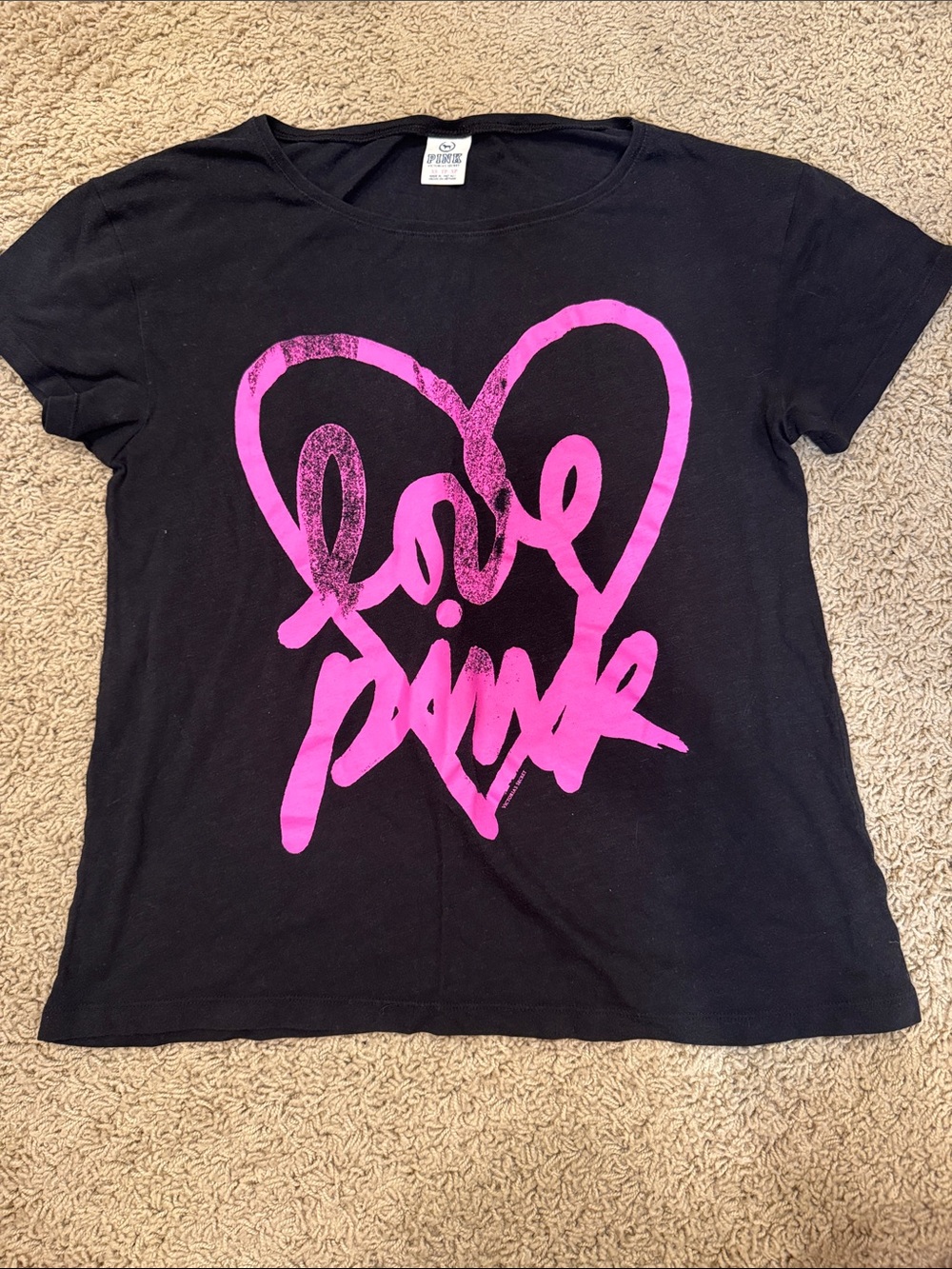 PINK Victoria's Secret Kids Black Tee with Bright Pink Heart Graphic